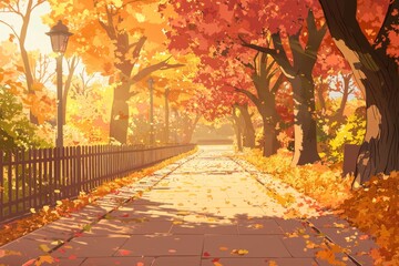A serene autumn park with paths lined by golden and red leaves. The scene feels cozy and calm, cozy vibe, Generative AI