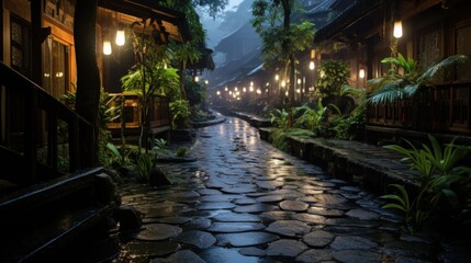 Fototapeta premium A misty, cobblestone path lined with traditional houses in a tropical environment.