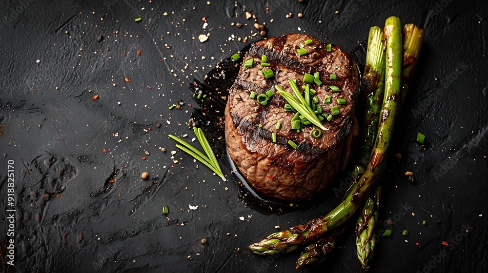 Aufkleber Grilled Fillet Mignon Steak with roasted asparagus Black background Top view Copy space : Generative AI