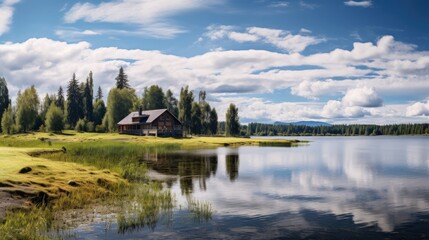 A picturesque lake scene with a wooden cabin nestled amongst lush greenery, a backdrop of dense forest, and a sky adorned with fluffy clouds.