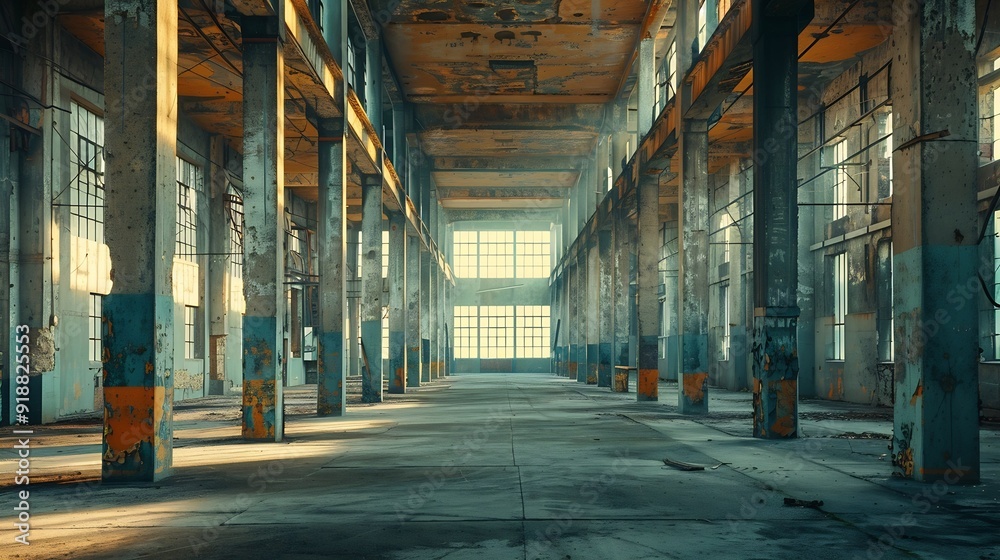 Poster interior industrial corridor in abandoned factory construction and architecture : generative ai