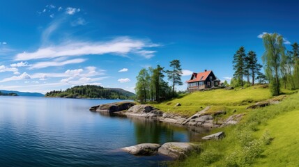 Obraz premium A quaint wooden cabin with a red roof sits on a grassy hill overlooking a serene lake, surrounded by lush green trees and a blue sky.