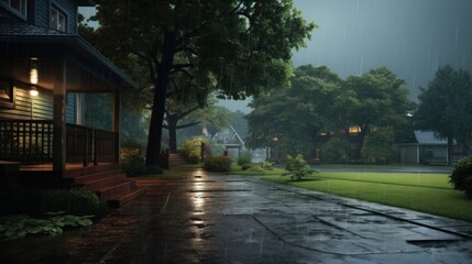 A quiet suburban street on a rainy evening. The rain falls heavily on the wet pavement and lush green lawn, while houses are illuminated with warm light.