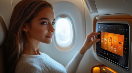 Passenger adjusting settings on a personalized in-flight entertainment system, with space for text, [customizable entertainment], [convenient air travel], Copy space for text, No logo, No Trademark,