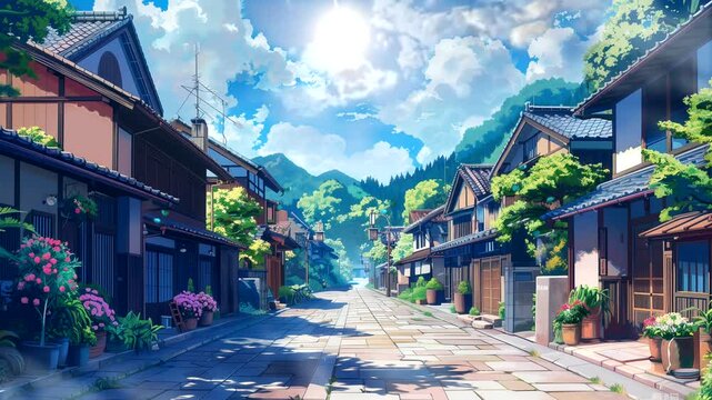 Traditional Japanese house anime background in sunny day