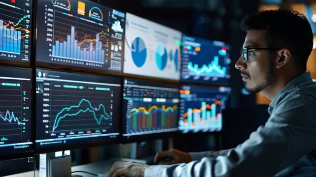 A man is working on a computer with multiple monitors displaying various graphs and charts. He is focused on his work, possibly analyzing data or making financial decisions