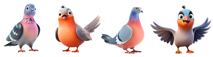 Charming cartoon pigeons in various poses with detailed feathers and expressive faces