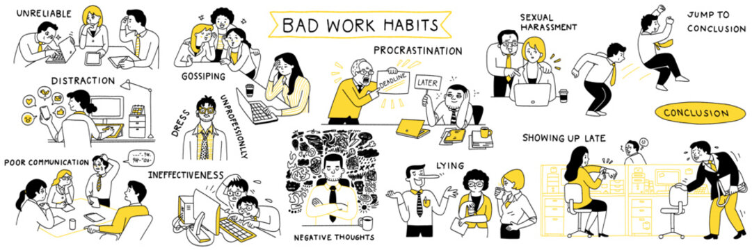 Cute character illustration doodles of office workers with bad habits. Outline, thin line art, hand drawn sketch, big set.