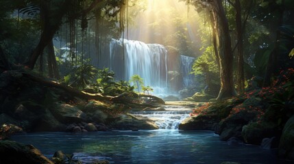 Fototapeta premium A serene waterfall cascades through a lush jungle, creating a tranquil pool of water surrounded by moss-covered rocks. Sunlight filters through the canopy, illuminating the scene.