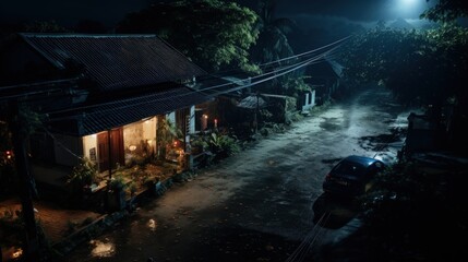 Fototapeta premium A single car is parked on a dark and narrow street, with a house on the left and lush foliage and trees on the right. The street is illuminated by a streetlight in the distance.