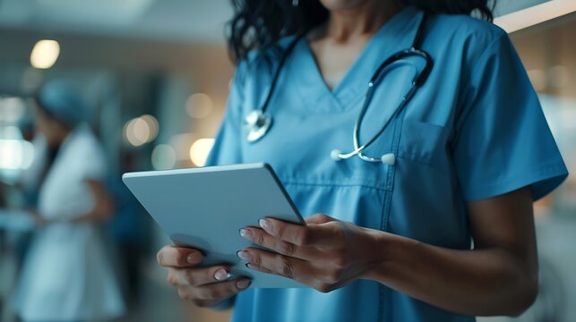 Closeup of nurse using a tablet at clinic reading a patient report while wearing blue scrubs and stethoscope Caucasian female physician holding digital device for medical research : Generative AI