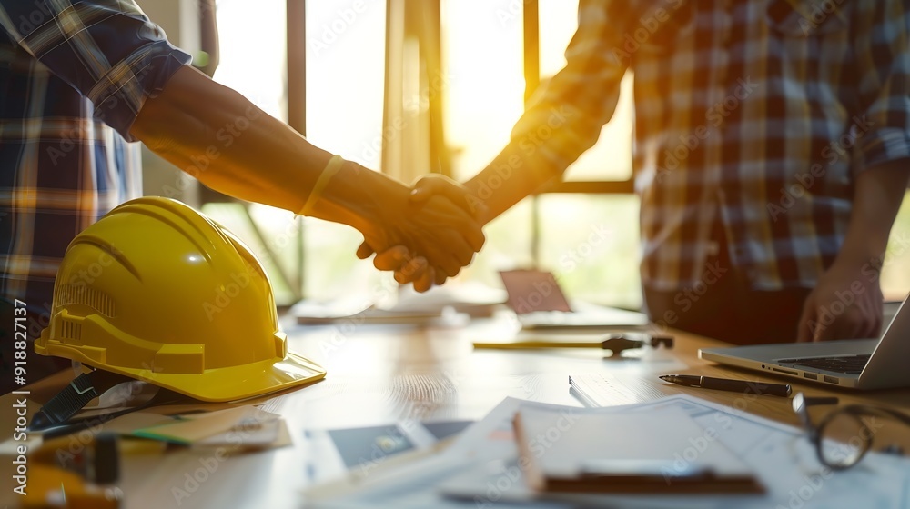 Poster construction team shake hands greeting start new project plan behind yellow helmet on desk in office