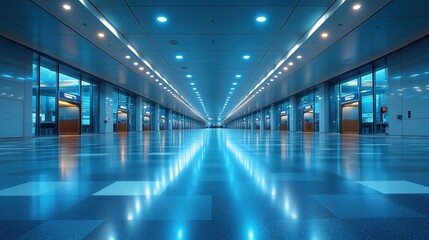 Wide view of a modern airport terminal with organized boarding gates and clear signage, space for text, [convenient airport experience], [ease of boarding], Copy space for text, No logo, No