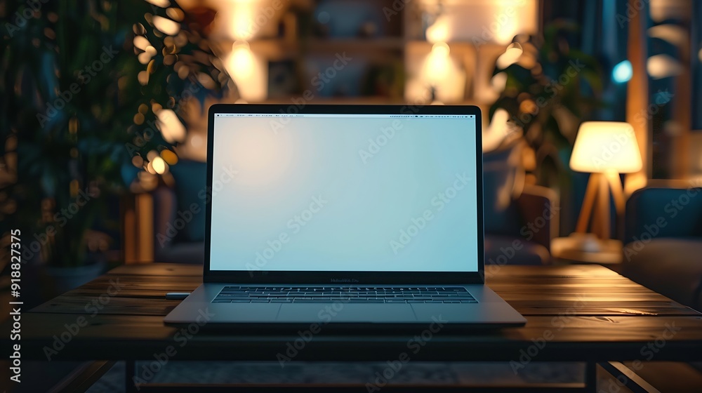 Poster laptop computer blank screen on table : Generative AI