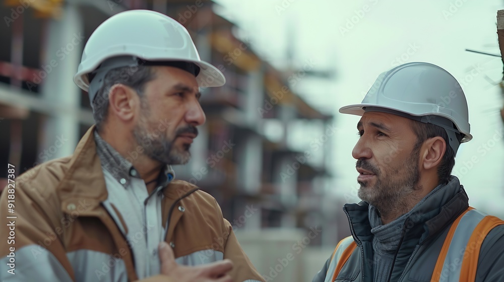 Aufkleber Engineer and foreman worker checking project at precast factory site Engineer and builders in hardhats discussing on construction site : Generative AI