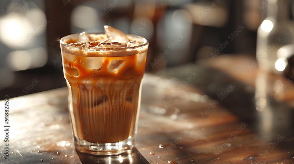 Poster iced coffee with ice cubes in a glass on the table : generative ai