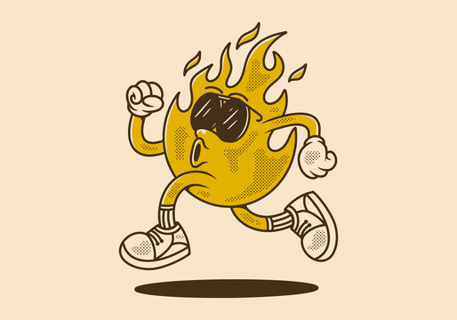 Running fire flame character illustration in retro style