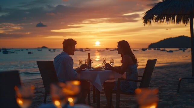 Romantic dinner on the beach in Phuket Thailand couple man and woman mid age Asian woman and European man having dinner on the beach in Thailand during sunset : Generative AI