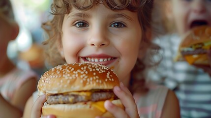 children eat burgers fast food burger a group fun of small children in the kitchen greedily eat fast food burgers big family small kids having breakfast in the morning in the kitchen e : Generative AI