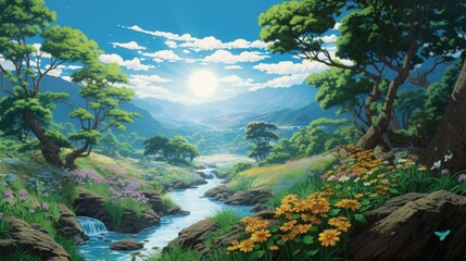 A sunlit river winds through a valley, surrounded by lush greenery, blooming wildflowers, and towering mountains.