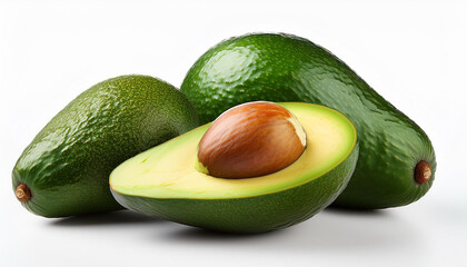 green avocado fruit, slice and half isolated on white background