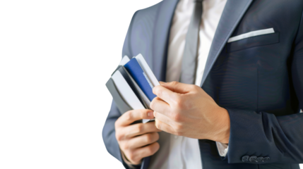 Man in a suit holding multiple cards and a notebook, close-up of hands
