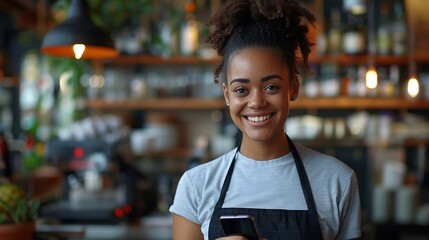 Fototapeta premium Happy young woman and restaurant owner holds her phone expertly using mobile technology to manage her small business with ease Female entrepreneur making success in the hospitality ind : Generative AI