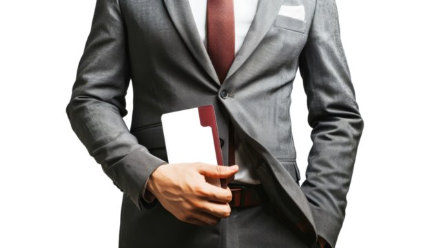 Businessman in a gray suit holding a red and white notebook while adjusting his jacket - Powered by Adobe