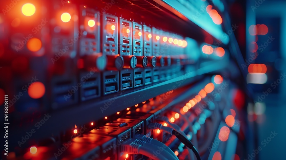 Aufkleber blur technology data center room defocus fiber optic cable and network router switch in data center room for background and wallpaper : Generative AI