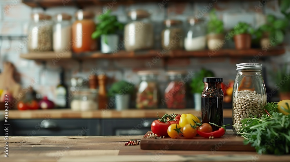 Wall mural Different products on wooden table in kitchen Healthy food and balanced diet : Generative AI