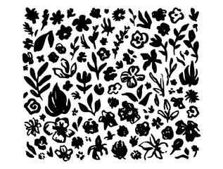 Black Abstract Flower Set in Trendy Grunge Style. Monochrome Contemporary Floral Collection. Vector Blossom Illustration Daisy, Tulip and Rose. Trendy Texture Flower for Home Poster, Fabric, Print