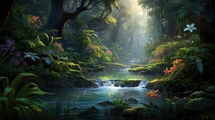 Naklejka premium A tranquil stream flows through a lush, tropical rainforest, bathed in soft sunlight that filters through the dense canopy.
