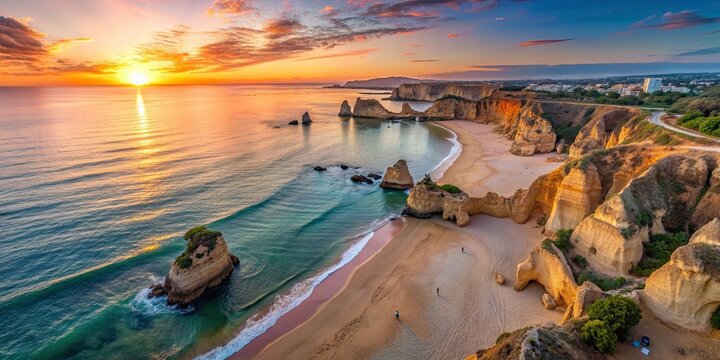 Aerial view of Praia dos Tres Irmaos beach at sunset in Alvor, Algarve, Portugal, Aerial, sunset