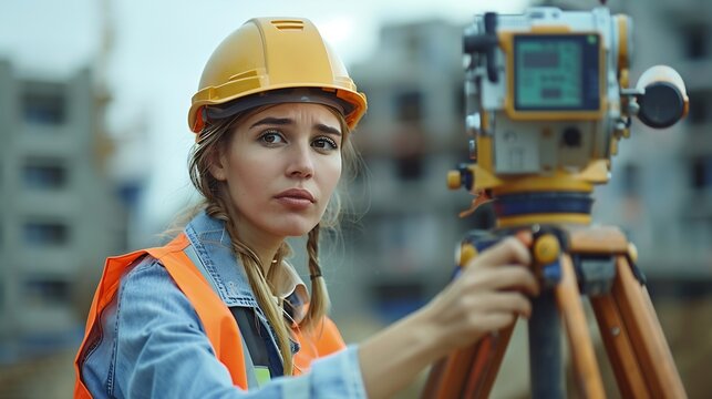 Female site engineer surveyor working with theodolite total station EDM equipment on a building construction site outdoors : Generative AI