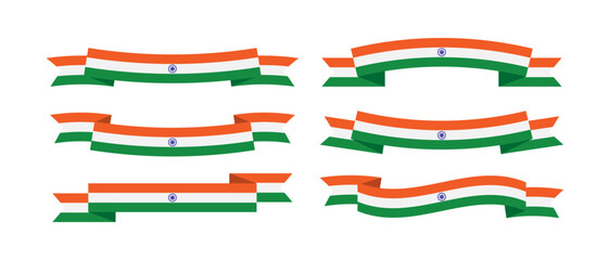 Ribbons banners, ribbon icons, Indian flag sign, collection for India 15 August Independence Day 26 January Republic Day advertising greeting cards and invitation decoration. Vector illustrations.