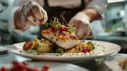 Male cook decorates dish for serving The chef makes presentation of dish with fried fish and steamed vegetables puts berries on top Restaurant with professional gourmet cuisine Public  : Generative AI