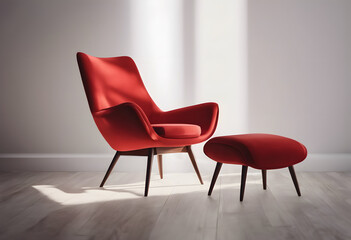 Fototapeta premium A stylish red armchair with a unique design, featuring a back and winged sides, placed against a plain wall.