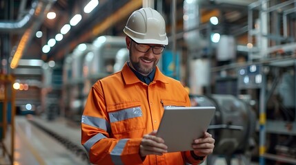 Happy engineer with tablet collecting production data analysing efficiency Hardworking handsome manufacture supervisor checking factory safety using digital device Modern manufacturing : Generative AI