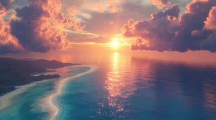 Obraz premium Sunset Over the Ocean With Pink Clouds and a Coastal Shoreline
