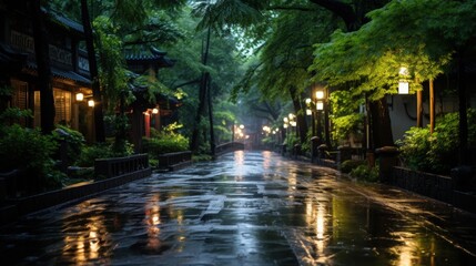 Naklejka premium A wet cobblestone path in a lush, green garden with trees, shrubs, and illuminated street lamps, creating a calm, peaceful atmosphere.