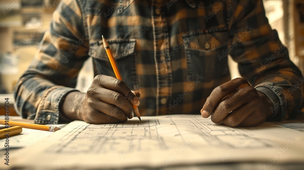 Poster black man office and drawing on blueprint with pencil for planning a building design layout and proj