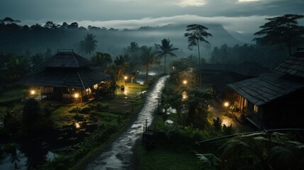 A wet dirt path winds through a lush jungle village, lit by the warm glow of lanterns.  The sky is cloudy and the air is thick with mist.
