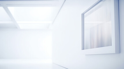 A stark, bright gallery features a minimalist design with an empty wall and a framed artwork, emphasizing simplicity and modern aesthetics, blurred background