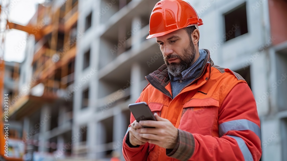 Poster Construction engineer using mobile smart phone on site during inspection selective focus : Generative AI