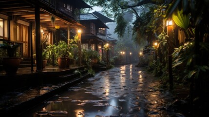 A wet, cobblestone pathway lined by wooden buildings and illuminated by streetlights leads to the lush, green forest.