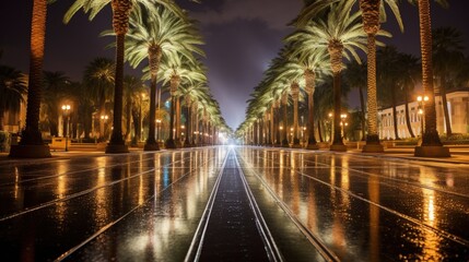 Naklejka premium A wet, empty street lined with palm trees at night reflects the streetlights on the asphalt.