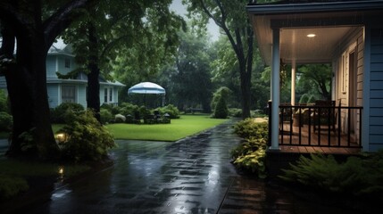 Obraz premium A wet, stone pathway leads to a covered porch on a rainy evening, illuminated by a porch light.