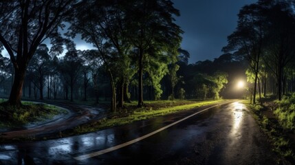 A wet, winding road cuts through a dark forest under a twilight sky, with a single light illuminating the way ahead.