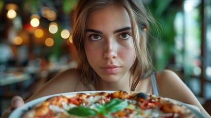 Unhappy Woman refusing to Eat her Pizza Dish in a Restaurant Disgruntled customer not liking the meal sending it back : Generative AI