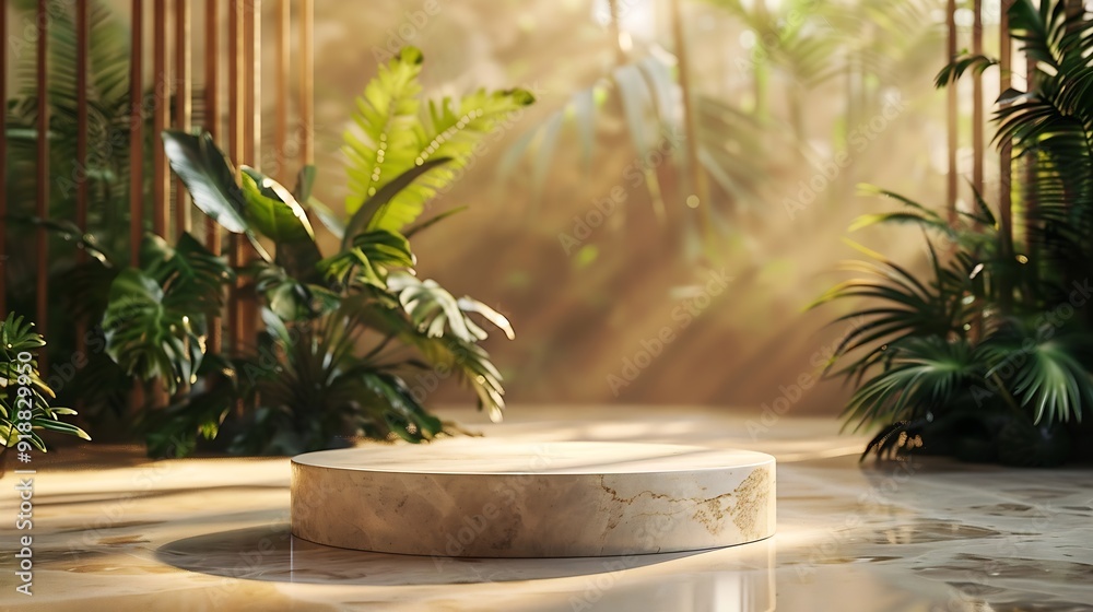 Poster luxurious stonemarble pedestal basks in foliage gobo sunlight wooden rod backdrop adds depth and ele